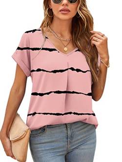 Yommay Damen Bluse Sommer Elegant V-Ausschnitt Tunika Shirt Oberteil Flowy Kurze Ärmel Chiffon Tops,F Pink Streifen,2XL von Yommay