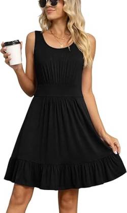 Yommay Damen Sommer Kleider Lässige Mode U-Ausschnitt Kurze Kleid Ärmelloses Strandkleid Elegant Midikleid,Schwarz,XXL von Yommay