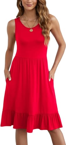 Yommay Kleider Damen Sommer Elegante Knielang A-Linie Kleid Casual Rundhals Tank Top Strandkleid mit Taschen,Rot,L von Yommay