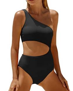 Yonique Einteiliger Damen-Badeanzug, einschulterig, Bademode, Monokini, Schwarz, Medium von Yonique