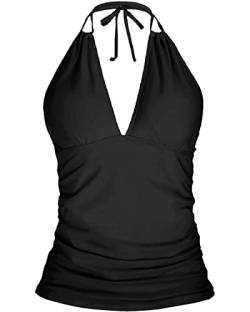 Yonique Damen Neckholder-Tankini-Top, ohne Unterteil, V-Ausschnitt, Badeanzug, Bauchkontrolle, Badeanzug, Oberteil, Schwarz, Large von Yonique