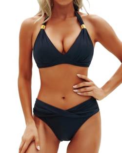 Yonique Frauen Zweiteilige Badeanzüge Push Up Bikini Set Neckholder Badeanzug Vintage Bademode, Farbe: Schwarz, XL von Yonique