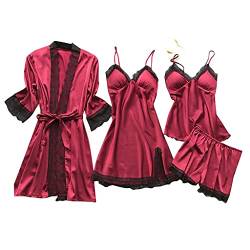 Yoofeiduoduo 4 teiliges Satin Pyjama Dessous-Sets, Dessous latex catsuit frauen Silk Lace Babydoll Set Kimono Damen Morgenmantel Bademantel Seide Roben V Ausschnitt Mit Blumenspitze, Rot, S von Yoofeiduoduo