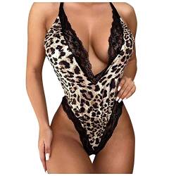 Yoofeiduoduo Body Dessous Damen Sexy V-Ausschnitt Lingerie Rückenfrei Reizwäsche Spitze Negligee Bodysuit Leopard Unterwäsche Nachtwäsche mit Spitzen Besatz Leopard Muster Unterwäsche Babydoll von Yoofeiduoduo