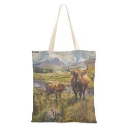 Yoogain Hochlandrinder-Gras-Leinen-Taschen, Hochlandrindergras, Canvas-Tragetaschen für Damen, individuelle Freunde, wiederverwendbare Leinentaschen, Highland Rindergras, Einheitsgröße von Yoogain