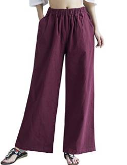 Youlee Frauen Sommer Elastische Taille Baumwolle Leinen Wide Leg Hose Dunkelrot von Youlee