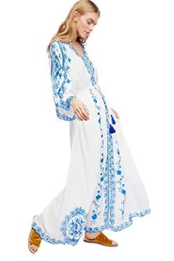 Blau-Weiß-Porzellan-Stickerei, Bohemian-Kleid, langes Kleid, ausgestellt, lange Ärmel, ausgehöhltes Maxikleid, weiß, L von Youllyuu