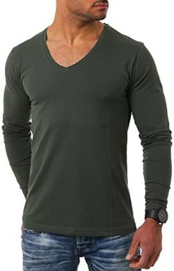 Young & Rich Herren Langarm Shirt mit tiefem V-Ausschnitt deep v-Neck Longsleeve Slim fit Stretch 2239, Grösse:3XL, Farbe:Militär-Grün von Young&Rich