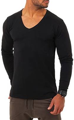 Young & Rich Herren Langarm Shirt mit tiefem V-Ausschnitt deep v-Neck Longsleeve Slim fit Stretch 2239, Grösse:XL, Farbe:Schwarz von Young&Rich