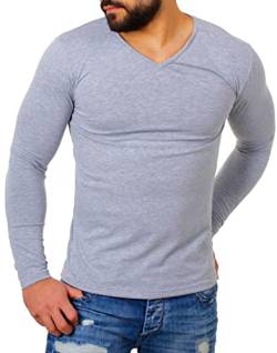 Young & Rich Herren Uni Longsleeve v-Neck Basic Tee Langarm Shirt einfarbig V-Ausschnitt Slimfit mit Stretchanteilen 2001, Grösse:XL, Farbe:Grau von Young&Rich