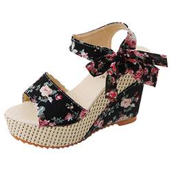 Schuhe Frauen Plattform Keile Absatz Sandalen Blumen Blume Schnürschuhe (40,Schwarz) von Yowablo