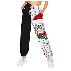 Yowablo Damen Jogginghose Kordelzug Elastische Hohe Taille Weihnachten Schöne Katze Bedruckte Winter Lounge Hose mit Taschen Hose Damen Jogginghose Warm von Yowablo