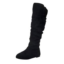 Yowablo Damen Stiefel Volltonfarbe Schleife über dem Knie Lange Stiefel Flache Schuhe (43 EU,Schwarz) von Yowablo