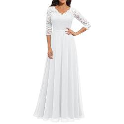 Yowablo Damenkleid mit einfarbigen Spitzeneinsätzen, Langer Taille und kurzen Ärmeln Kleid Elegant Damen Festlich (White, S) von Yowablo