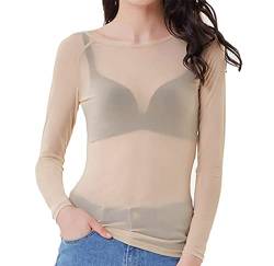 Damen Basic Langarm Mesh Sheer Tops See Through Tee Shirts Mesh Shrug Crop Top, beige, Groß von Ysabeloom