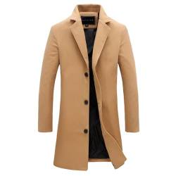 YuanDiann Herren Lang Wollmantel Herbst Winter Slim Fit Wollejacke Casual Business Trenchcoat Mantel Winterjacke Einreihig Windbreaker Mode Revers Dufflecoat Übergangsjacke Khaki 5XL von YuanDiann