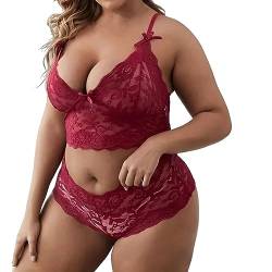 YueYue Damen Sexy Dessous Set Große Größen Erotische Lingerie Unterwäsche Reizwäsche Tiefer V Spitzen BH und Höhe Taille Panty Slip mit Blumenmuster Stickerei und Netz Bralette Set(C-Wine, XXXL) von YueYue