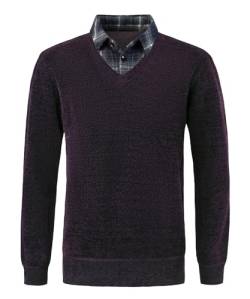 Yukirtiq Herren Chenille Strickwaren Feinstrick Pullover 2 in 1 Hemd Kragen Strickpullover mit Hemdkragen Mock Hemd Einsatz für Männer, Violett, M von Yukirtiq