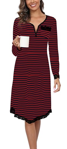 Yukiuiny Damen Nachthemd Langarm Baumwolle Knielang Streifen Nachtkleid mit Spitze Knopfleiste Jersey Schlafshirt,L Navy Streifen von Yukiuiny