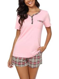 Yukiuiny Damen Schlafanzug Kurz Pyjama Set Baumwolle Kurzarm Sommer Nachtwäsche V Ausschnitt T Shirt Karo Shorts rosa, XL von Yukiuiny