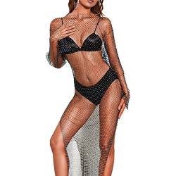 Yurosiay Damen Sexy Strass Durchsichtig Mesh Kleid Fischnetz Kleid Glitzer Rundhals Langarm Strass Bikini Cover Up Kleid Strandkleid für Club Strandurlaub Badeanzug Schwarz 3# 150cm von Yurosiay