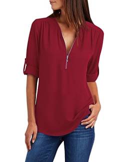 Yuson Girl Damen Bluse 3/4 Arm Elegant V-Ausschnitt Tunika Shirt Casual Arbeit Oberteile Einfarbig Lose Hemdbluse Henley Langarmshirt(Burgunderrot, XL) von Yuson Girl