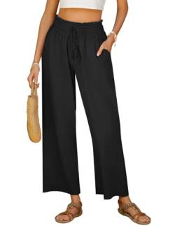 Yuson Girl Damen Sommerhose, Leicht Freizeithose Frauen, Leinenhose Damen Casual,Elegant Baumwolle Hose, Hohe Taille Pants,Lange Lose Strandhosen mit Kordelzug und Taschen(Schwarz, L) von Yuson Girl