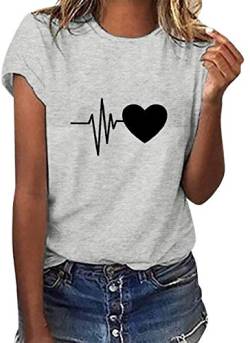 Yuson Girl Damen T-Shirt Herz Druck Shirt Rundhals Kurzarm Oberteile Hemd Tops Bluse Sommer Grafik Drucken Oberteile Tee Tops Cool Herzförmig(Grau, XXL) von Yuson Girl