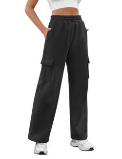 Yuson Girl Jogginghose Damen Gefütterte Cargohose Warme Fleece Baumwolle Freizeithose High Waist Sporthose Lang Thermo Fleece Sweathose Outdoor Kordelzug Traininghose mit Taschen(Schwarz, L) von Yuson Girl