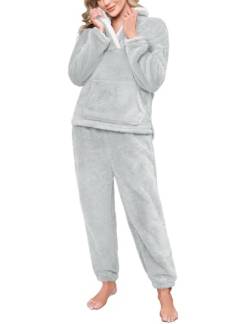 Yuson Girl Schlafanzug Damen Lang Winter Pyjama Fleece Hausanzug Kuschelig Warm Loungewear Flauschig Pyjama Set Polar PjS Revers Nachtwäsche Thermo Freizeitanzug mit Tasche(Grau, M) von Yuson Girl