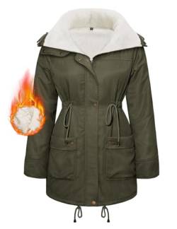 Yuson Girl Wintermantel Damen Winterjacke Parka Lang Winterparka Fleece Gefüttert Herbst Winter Kurzmantel Warm Jacke Elegant Dicke Fleecejacke Outdoor Baumwolle Mantel mit Tasche(Armeegrün, S) von Yuson Girl