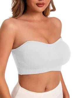 Yutdeng Bandeau BH Trägerlos Damen BH ohne Träger Bandeau Top Anti-Rutsch Comfy BH mit Durchsichtigen Trägern Tube Top Strapless Bra Gepolsterter Bralette Trägerloser BH Damen,Weiß,L von Yutdeng