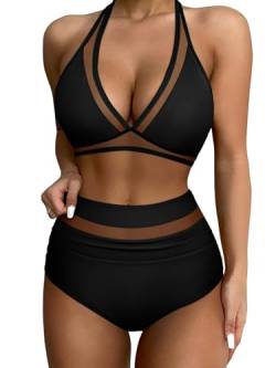 Yutdeng Bikini Damen Set Push Up Bikinis für Damen Sexy Mesh Badeanzug Zweiteiliger V Ausschnitt Triangel Bikini Damen Wickel Bademode Neckholder Badeanzüge Gepolstertes Badebekleidung Strandbikini von Yutdeng