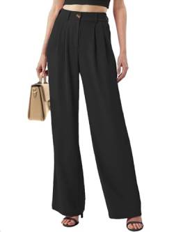 Yutdeng Damen Hosen Elegant Anzughose High Waist Business Hose Wide Leg mit Taschen Elastische Taille Casual Stoffhose Palazzo Hose Weites Bein Bundfaltenhose Damen Freizeithose,Schwarz,L von Yutdeng