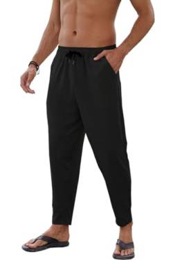 Yutdeng Herren Leinenhose Lang Sommerhosen Leicht mit Taschen Freizeithose Elastischer Bund mit Kordelzug Sommer Strandhose Casual Yogahose Loose Baumwollhose Herren-Hosen Leinen,Schwarz,M von Yutdeng