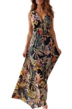 Yutdeng Kleid Damen Sommer Lang Trägerkleid Sommerkleid Lang V Ausschnitt Blumenmuster Rückenfrei Ärmellos Maxi Kleider Boho Strandkleid Blumenkleid Langes Kleid Sommer Elegant,Schwarz,XXL von Yutdeng