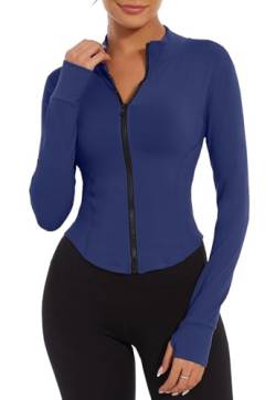 Yutdeng Laufjacke Damen Enge Sportjacke Damen Jacke Yoga Langarm Leicht Trainingsjacke Full Zip Sweatjacke Fitness Atmungsaktive Gym Top Crop Sport Running Shirt mit Reißverschluss Daumenloch Slim Fit von Yutdeng