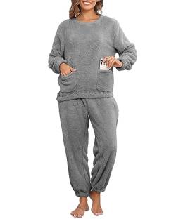 Yutdeng Pyjama Set Damen Winter Warm Plüsch Schlafanzug Set mit Taschen Herren Zweiteiliger Nachtwäsche Sleepwear Loungewear Langarm Oberteil und Hosen Warme Hausanzug Freizeitanzug,Dunkelgrau,XL von Yutdeng