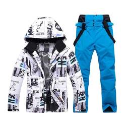 Herren Winter Schnee Mantel Ski Anzüge, Herren wasserdichte winddichte Kapuze Druck Jacke und Hose Ski Anzug Set, 2-teilige Snowboard Snowboard-Anzüge, zum Skifahren, Schneemobil fahren ( Color : E wh von Yytcsjz