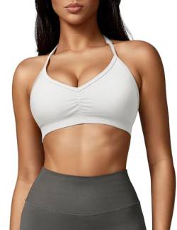 ZAAYO Damen Sport BH Rückenfreie Neckholder Gym Bra Crush Halter Sport BHS Gepolsterte Push Up Bras Mittlere Unterstützung Workout BH Workout Yoga Top Weiß S von ZAAYO