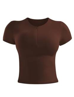 ZAAYO Sportshirt Damen Gym Top Sport Oberteil Yoga Crop Top Funktionsshirt Damen Laufshirt Kurzarm Oberteil Mit Halbem ReißVerschluss Kaffee M von ZAAYO