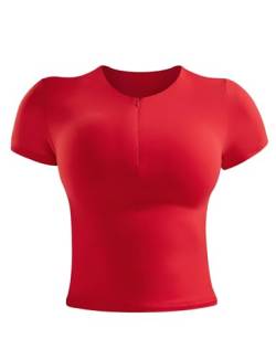 ZAAYO Sportshirt Damen Gym Top Sport Oberteil Yoga Crop Top Funktionsshirt Damen Laufshirt Kurzarm Oberteil Mit Halbem ReißVerschluss Rot S von ZAAYO