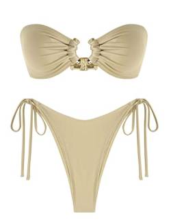 ZAFUL Bandeau-Bikini-Set mit Metallringen, seitlich zum Binden, hoher Schnitt, 2-teiliger Badeanzug mit Cut-Out-Bademode, Heller Kaffee, S von ZAFUL