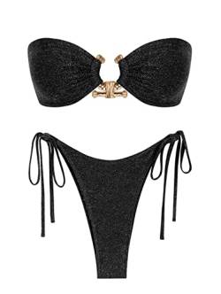 ZAFUL Damen-Bandeau-Bikini, O-Ring, trägerlos, Schnürung hinten, hoher Schnitt, Zweiteiliger Badeanzug, Badeanzüge (1-Schwarz, S) von ZAFUL