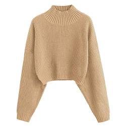ZAFUL Damen Rollkragenpullover, Kurzer Pullover, Langarm Jumper Sweater (A-Khaki, M) von ZAFUL