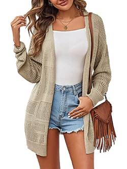 ZAFUL Damen Sommer Cardigan Open Front Sweater Casual Langarm Mesh Häkeln Strick Mantel, Khaki, Klein von ZAFUL