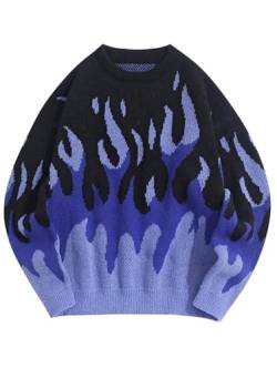 ZAFUL Übergroßer Pullover für Herren im Y2K-Stil mit ästhetischer Flammengrafik, Rundhalsausschnitt, Strickpullover, Unisex, Freizeitpullover (Blau, XL) von ZAFUL