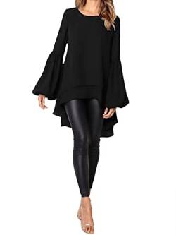 ZANZEA Damen Casual Lose Langarm Asymmetrisch Tunika Tops Rundhals Laternenärmel Hemdkleid Mode Doppelschicht Bluse M-Schwarz M von ZANZEA