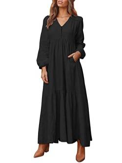 ZANZEA Damen Maxikleid Elegant V-Ausschnitt Rüschen Langarm Strandkleid Lange Tunika Kleider mit Knopf Schwarz M von ZANZEA