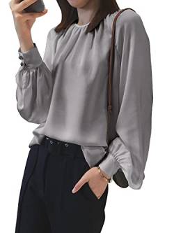 ZANZEA Elegante Bluse Damen Satin Langarm Shirt Lange Laternenärmel Oberteile Rüschen Longbluse mit Knopf Grau XXL von ZANZEA